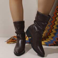 Women's Soft Ruched Stacked Mid-Calf Boots, Vintage Pointed Toe Chunky Heel Western Cowboy Boots, Leg-Lengthening Elegant Ankle Boots, Western Style, Holiday - Brown - View 4