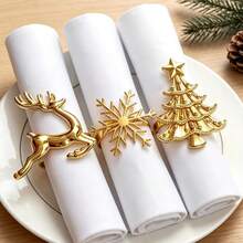 6/12pcs/Set Merry Christmas Napkin Ring Set, Christmas Tree Napkin Holder, Snowflake Reindeer Napkin Holder, Napkin Cloth Decoration, Christmas Table Decor, Christmas Restaurant Table Setting Decoration, Christmas Gift Set - Gold - View 3