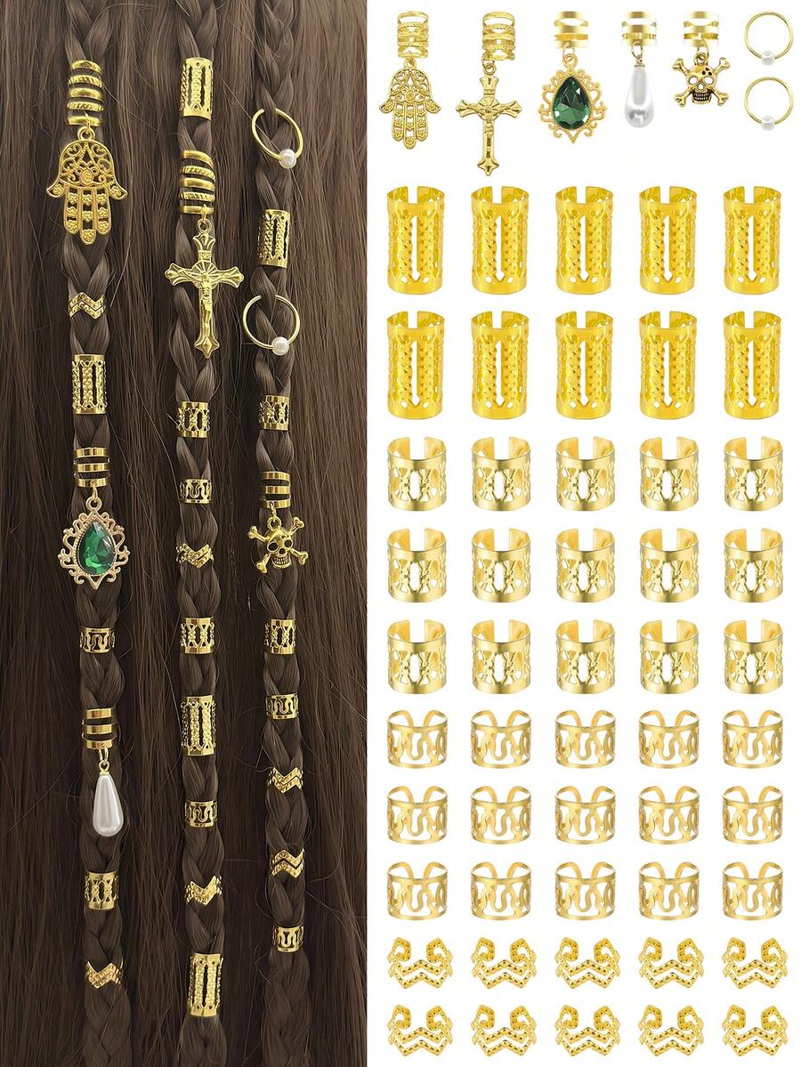 77件組金色編髮飾品 多款式髒辮珠子 螺旋髮飾 金屬髮環 編髮配件 女用
