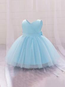 Baby Girls Small V-Neck Back Bow Satin Contrast Mesh Simple Cute Birthday Party Princess Dress, Headband And Bag Not Included - Baby Blue - View 6