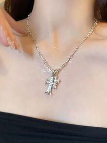 Silver Versatile Cross Pendant Long Necklace For Women, Light Luxury Niche High-End Sweet Cool Hot Girl Style Collarbone Chain Accessory - Multicolor - View 3