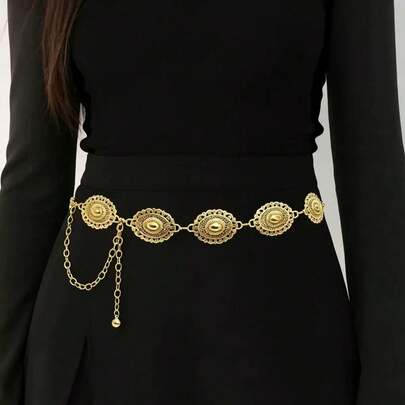 1pc Vintage Women's Western Style Belt, Carved Buckle, Black Textured Metal Waist Chain