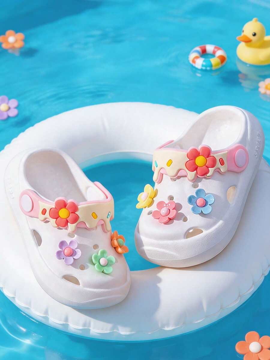 1 Pair Summer New Soft Sole, Anti-Slip, Lightweight Comfortable Baby Clogs With Cute Flower Pattern - White - View 1