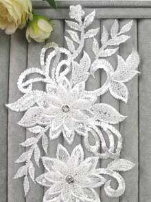 彩色3D刺繡貼花附珠飾與水鑽，婚紗與晚禮服配件，網紗蕾絲DIY表演服裝刺繡補丁，長 31CM / 寬 16CM - 白色 - 查看 4