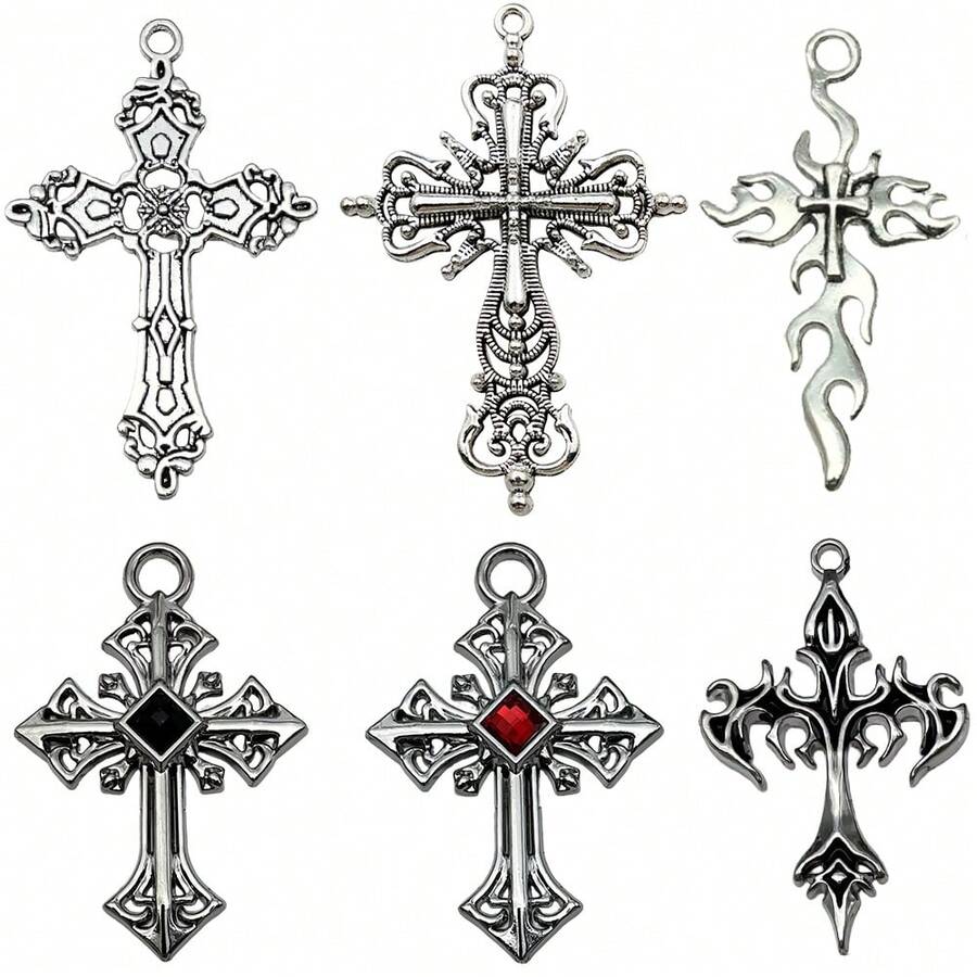 3/6pcs Large Gothic Cross Charms Vintage Filigree Flame Cross Pendants With Rhinestone For DIY Punk Bracelet Necklace Jewelry Making Findings