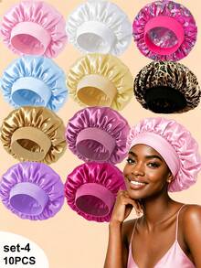 10pcs Set Assorted Solid Color & Leopard Floral Pattern Satin Sleep Caps, Soft Elastic Band Hair Wraps, Women's Wide Brim Smooth Satin Fashion Sleep Caps, Comfortable Breathable Hair Care Caps, Back To School Essential Hair Accessories - Multicolor - View 17
