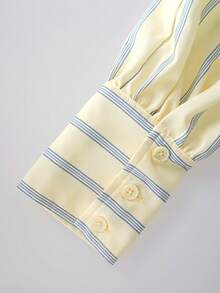 Women's Yellow Striped Drawstring Short Blouse, Long Sleeve Front Button Top, Suitable For Women's Office Commute And Campus Wear, Summer Autumn Casual Style - Yellow - View 10