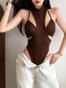 YeonC 女款無袖圓領不對稱鏤空連身褲，高彈性聚酯纖維黑色露背緊身款，適合派對 - 棕色 - 查看 3