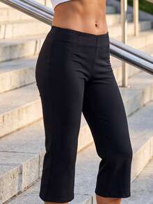 Womens Capri Pants Elegant Solid Color Slim Fit Bell Bottom Leggings - Black - View 3