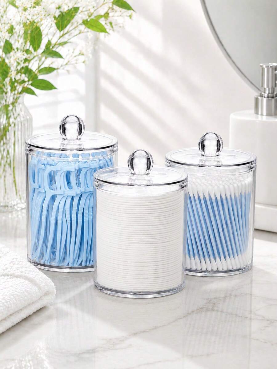 3 Packs Acrylic Qtip Holder Dispenser, Vanity Accessories | Qtip Holder For Cotton Ball, Swab And Floss, Small Clear Bathroom Storage Jars For Makeup Counter - View 1