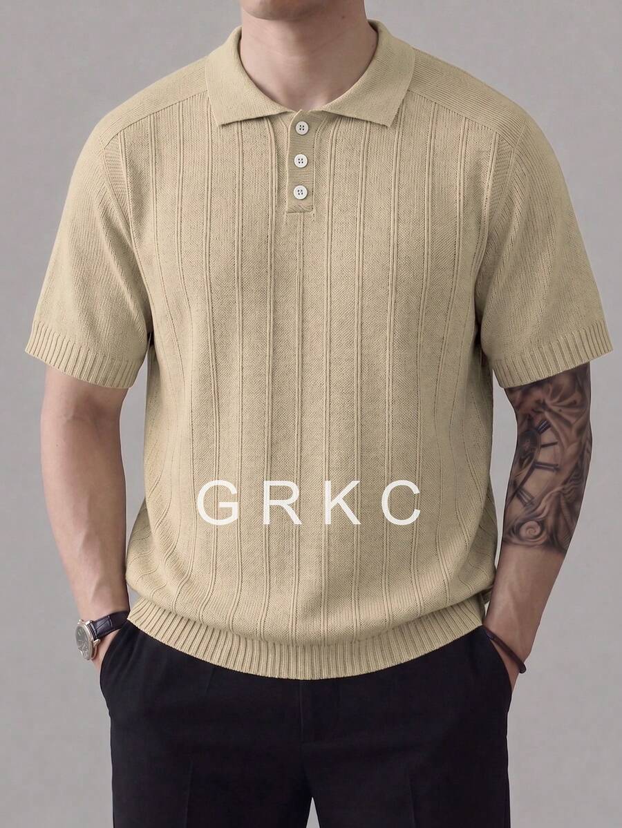 GRKC Men's Short Sleeve Polo Shirt, Polo Collar Short Sleeve Knit Loose Straight Casual Style Short Sleeve Knit Polo Spring/Summer Top - Coffee Brown - View 1