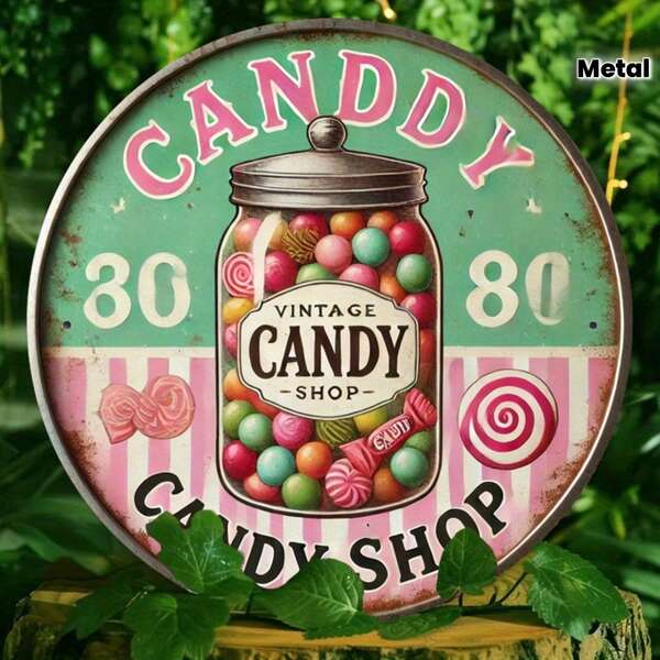 Vintage Candy Store Metal Wall Decor - 12.6 Inch Nostalgic Artwork, Featuring "Candy Store" And Fun Candy Design, Perfect For Kitchen, Cafe Or Retro Style Restaurant Space, Candy Bar Enhancement Decoration (Random Hole Position)