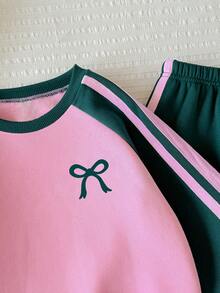 Tween Girls Cartoon Bow Print Crew Neck Sweatshirt And Sweatpants - Pink - View 5