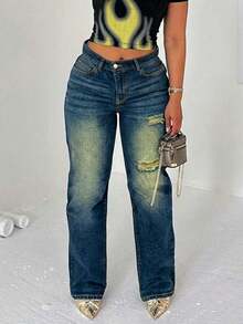 Women's Distressed Vintage Ripped Straight Leg Denim Jeans - Navy Blue - View 1
