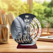 Wolf Husky Print Rotating Wooden Perpetual Desk Calendar, Crescent Shaped Forever Calendar With Dark Red Wood Base, Adjustable Month Date Week Animal Pattern Desktop Decor Ornament, Back To School Home Office Table Gift - A - View 9