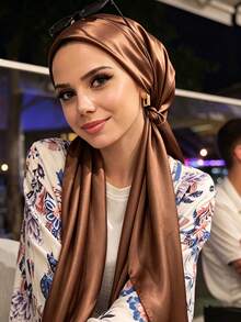 1PC Women's Solid Color Satin Elastic Headscarf Instant Hijab, New Satin Easy-To-Wear Headscarf, High-End Draping With Glossy Finish, Fashionable Versatile Slouchy Headscarf Hijab Scarf, Convenient To Wear Casual Versatile Suitable For Daily Use - Multi-color Satin Elastic Headband - View 2