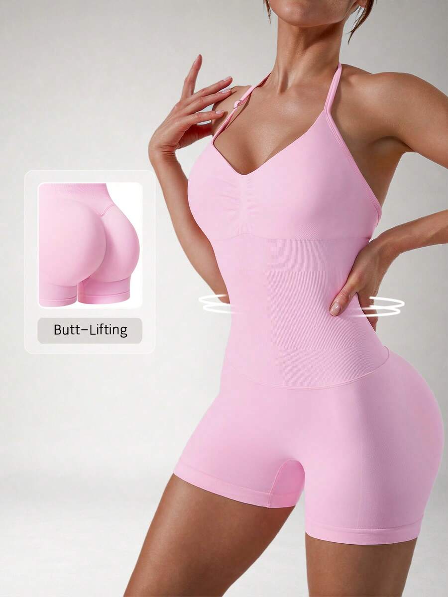 NcmRyu 1pc Women's Solid Color Halter V-Neck Adjustable Strap Pleated Front Backless Sports Romper - Pink - View 1