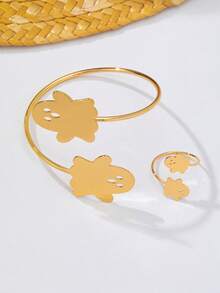 2pcs Line Pumpkin Ghost Bat Shaped Gold Metal Bracelet Ring Set, Minimalist Style Classic Luxury Party Holiday Jewelry - Yellow Gold - View 3