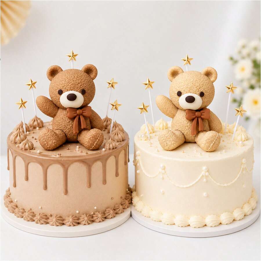 5pcs/7pcs Light Brown Bear With Golden Star Cake Topper Decorations, Suitable For Baby Shower, Birthday Party Cake Decor - Multicolor - View 1