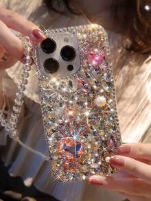 Fashionable Shiny Crystal Rabbit Metal Pearl Carved Phone Case With Crystal Lanyard Anti-Drop Protective Cover Compatible With IPhone And Phones - Multicolor - View 4