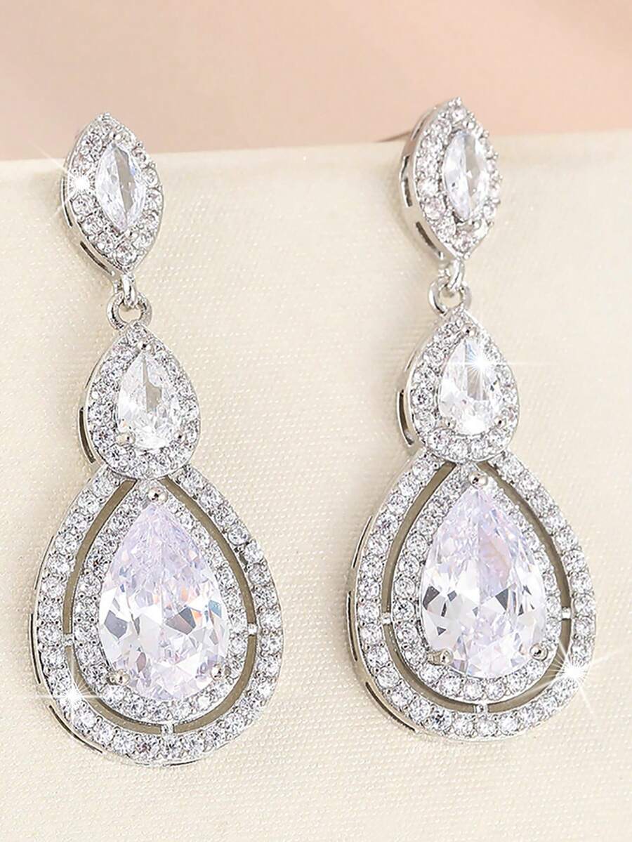 1 par de pendientes colgantes de mujer de estilo occidental con circonita cúbica brillante en forma de lágrima, de lujo, adecuados para novia, compromiso, boda, banquete y fiesta, joyería de cobre - Plateado - Ver 1