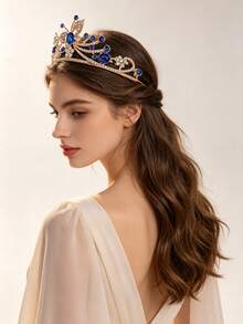 1pc European And American Style Fashion Exquisite Alloy Crown, Suitable For Women's Wedding Party Hair Accessory, Princess Birthday Party Gift, Performance Costume Accessory, Crown For Makeup Ball And Women's Dress Up - Royal Blue - View 9