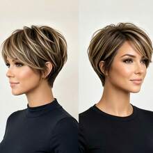 Women's Human Hair Short Wig, Brown With Gold, Style, Layered, With Bangs, No Glue No Front Band, Fully Machine Woven, Easy To Wear - Multicolor - View 3