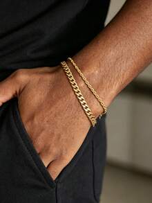 Conjunto de 2 brazaletes de acero inoxidable chapados en oro con diseño minimalista para hombres, adecuados para el uso cotidiano, el trabajo y festivales, regalo para el novio - Dorado - Ver 2