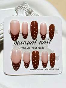 10 buah Kuku Palsu Buatan Tangan Warna Almond Gradien Cokelat Polka Dot Lucu Minimalis Elegan - MultiWarna - View 2