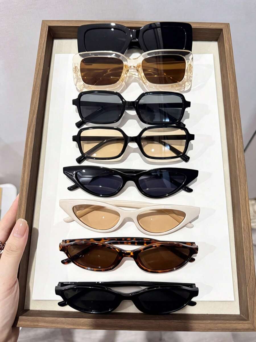 8 Pairs Unisex Y2K Geometric Retro Fashion Decorative Glasses Set, Suitable For Daily Commute Styling, Can Make Face Look Smaller, Perfect For No-Makeup Look Street Photography. Very Suitable For Back To School Season And Gifts For Friends. Very Suitable As Streetwear, Vacation And Travel Accessories. Also Suitable For Wedding Season, Mother's Day, Valentine's Day And Birthday Gifts. - 8pcs Black Champagne Tea Set - View 1