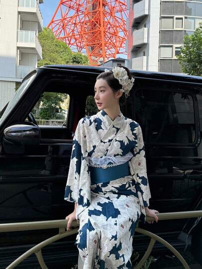 Dark Blue Yukata With White Large Peony All-Over Print (Bonus Obi Belt Is Random, Design May Vary From Image) Women's Yukata For Summer Festivals,