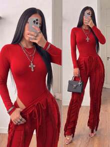 CALEBGAR Women's Sexy Two Piece Outfits Long Sleeve Fringe Pants Set Clubwear Going Out Birthday Party Night Outfits - 紅色 - 查看 2