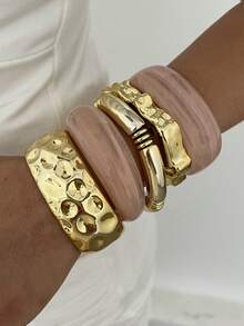 5 peças/1 peça Conjunto de Pulseiras Vintage Elegante Casual Feminino em Dourado CCB e Acrílico Rosa, Adequado para Uso Diário - Multicolorido - Visão 3