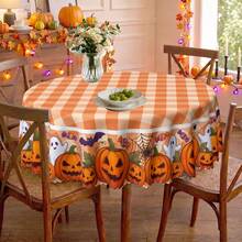 1pc Halloween Pumpkin Ghost Bat Plaid Print Polyester Tablecloth, Suitable For Kitchen, Dining Room, Holiday, Party Table Decor In Autumn/Winter - Multicolor - View 10