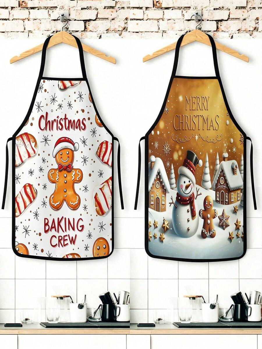 2件組聖誕廚房圍裙,薑餅人雪人冬季村莊印花可調節式圍兜圍裙,Merry Christmas Baking Crew 防水圍裙,適用烹飪烘焙、節日居家廚房裝飾 - 彩色 - 查看 1