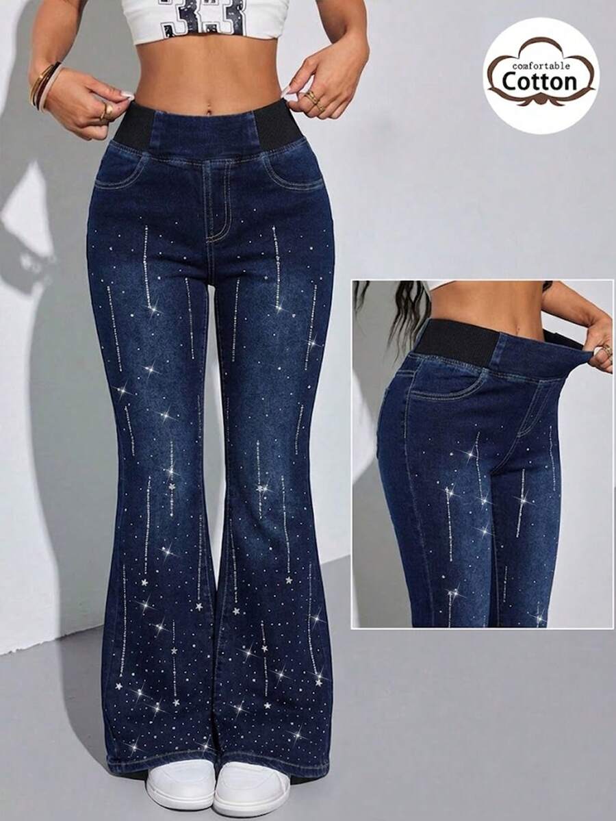 Y2K Flared Jeans - Women's Solid Color High-Waist Slim-Fit Slimming Stretch Casual Versatile Streetwear. - Navy Blue - View 1