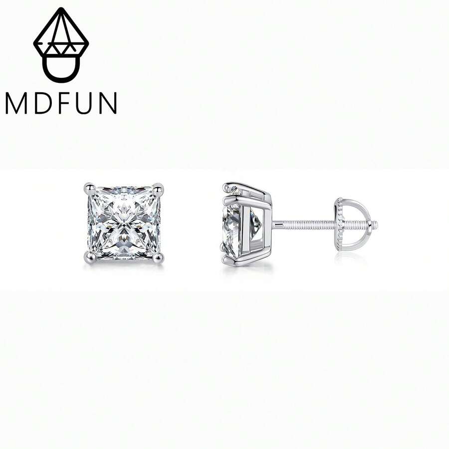 MDFUN 18K白金鍍方型鋯石螺絲背耳釘，低過敏多尺寸耳環套組，中性時尚珠寶禮物