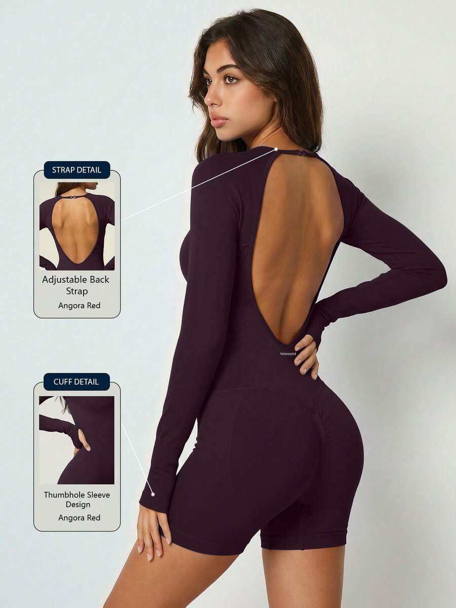 UONNOU 1件女款運動塑身連身褲，露背設計，收腰塑形，蜜桃臀提臀，長袖附拇指孔，無縫柔軟緊身短褲，健身休閒運動服