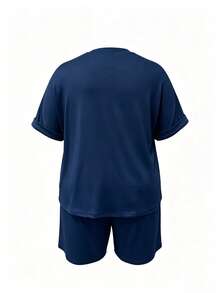 Spring/Summer/Autumn Plus Size Women's Solid Color Short Sleeve Vintage Round Neck T-Shirt & Elastic Waist Drawstring Shorts, Minimalist Sporty Casual Knit 2 Pieces Set, Elegant Relaxed Vacation & Home Wear, PJ-Style Outfit, Suitable For Outdoor, Sports, Workout, Running, Beach, Home And More - Dark Blue 46 - View 9