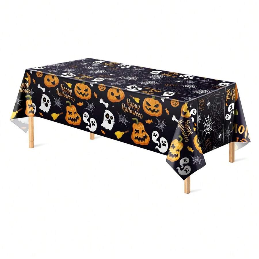 1 cái/3 cái khăn trải bàn dùng một lần Halloween màu đen, in họa tiết bí ngô, ma, mạng nhện vui nhộn, đậm không khí lễ hội, phù hợp cho tiệc chủ đề Halloween, trang trí sự kiện, tiệc sinh nhật, sắp xếp bàn ăn ngoài trời 130*274cm - Đầu bí ngô màu đen - Xem 1