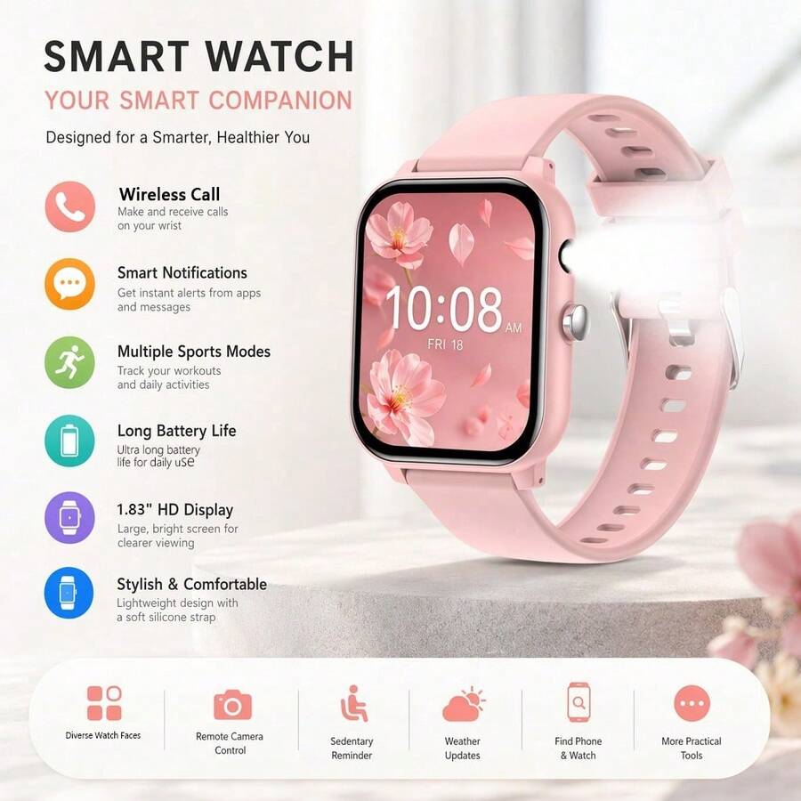 ساعة رياضية ذكية بشاشة HD مقاس 1.83 بوصة، بطارية 260 مللي أمبير، كشاف ضوئي، اتصال لاسلكي، أوضاع رياضية متعددة، تذكير بالجلوس الطويل، مناسبة كهدية للأصدقاء والأزواج، متوافقة مع أندرويد وiOS - مشاهدة 1