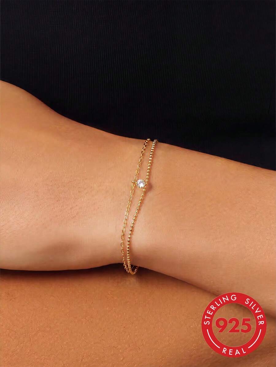1pc S925 Sterling Silver Niche Design Ins Minimalist Cold Style Double Layer Rhinestone Bracelet For Women, Personalized Luxury Elegant Elegant Fashion Delicate High-End Hand Jewelry, Suitable For Casual, Party, Daily Commute, Low-Key Matching, Perfect Gift For Best Friend, Girlfriend - Double Layer - View 1