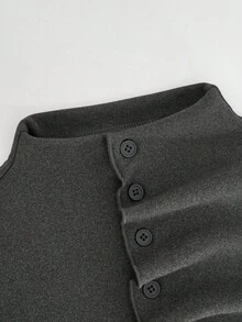 Atasan turtleneck lengan panjang pas badan dengan desain lipit, kancing depan, dan belahan di bagian bawah, cocok untuk dikenakan di musim gugur/musim dingin. - Grey - View 8