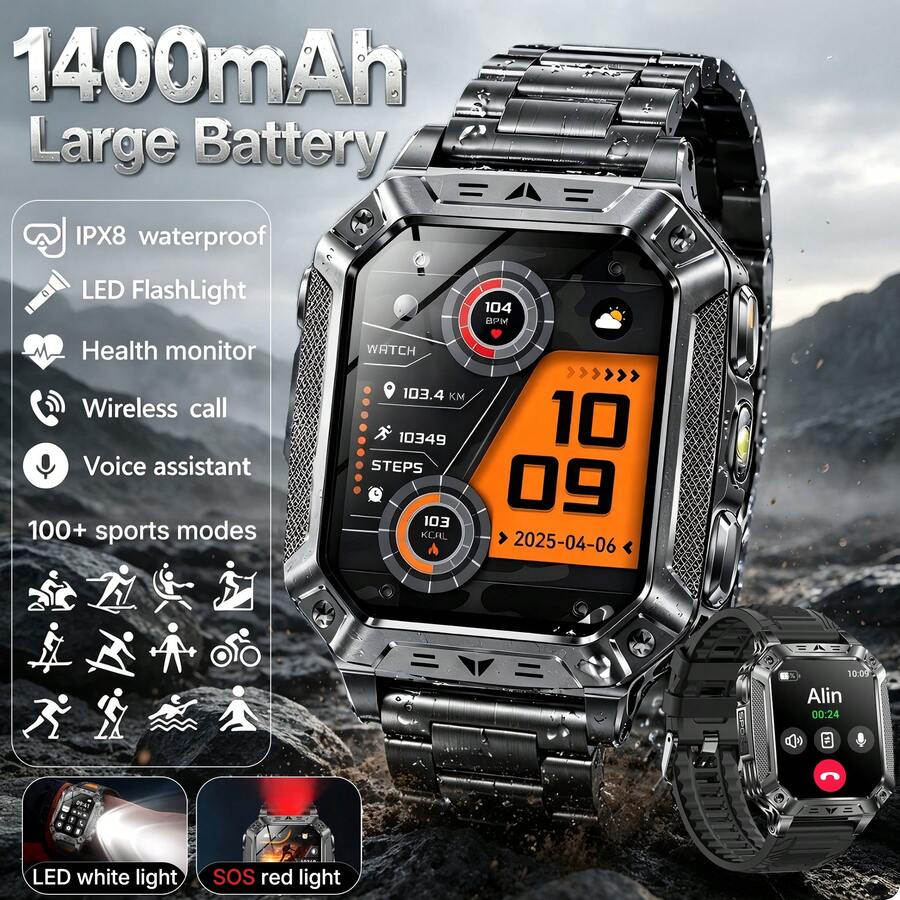 KENPANG 1400mAh Battery Men's Smart Watch, Red+White Dual LED Flashlight, 100+ Professional Sports Modes, Bluetooth Calling, Social Message Notifications, IPX8 Waterproof, 24/7 Health Monitoring, 2.01-Inch Clear Touchscreen Display, Men's Fitness Tracker