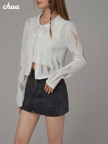 CHUU Hollow Out Lapel Long Sleeve Knit Cardigan Women Autumn Sweet Cool Basic Sheer Crop Top - White - View 1