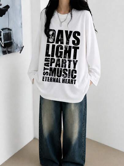 Kaos Wanita Lengan Panjang Warna Putih, Model Longgar, Serbaguna, Kerah Bulat, Modis, Kasual, dengan Cetakan Huruf, Cocok untuk Musim Semi/Gugur