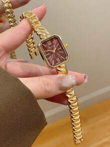 1件女士金色方形手鍊石英手錶，精緻小巧時尚，適合日常佩戴，生日/畢業禮物，休閒風格 - 金色 - 查看 6