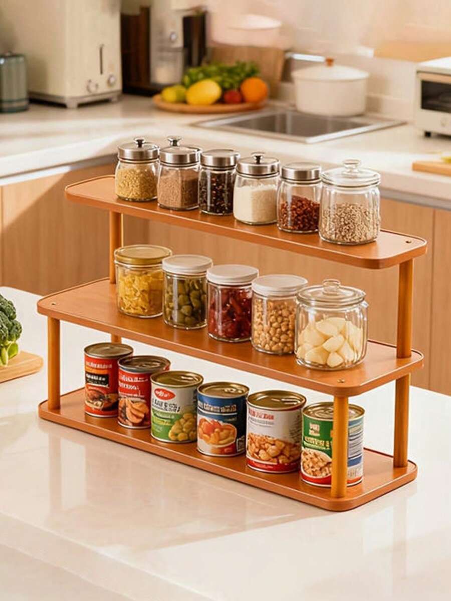 1 pieza Estante de almacenamiento de cocina de bambú multicapa, estante de especias de cocina de gran capacidad, organizador de escritorio multinivel multifuncional, estante de almacenamiento de frascos de condimentos, frascos de aperitivos, adecuado para encimera de cocina, encimera de baño, almacenamiento en mesa de aparador