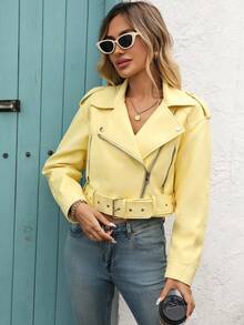 Women's Solid Color Minimalist Daily Zipper Short Jacket - New Bright Yellow - View 8
