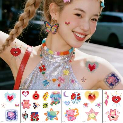 Juego de 6 hojas de pegatinas de tatuajes temporales de dibujos animados coloridos de dopamina, con osos lindos, espada de corazón, flores vibrantes, mariposas, luna & estrellas, cuadrados florales, estrellas y otros elementos, colores brillantes y ricos, estilo Y2K dulce & fresco, material ligero y amigable con la piel, resistente al agua, al sudor y a la decoloración, aplicación fácil por transferencia de agua, adecuado para mejillas, clavícula, hombros, espalda, muñecas, perfecto para festivales de música, salidas de verano, ropa de calle, sesiones de fotos de estilo coreano, maquillaje de fiesta, combina bien con tops de lentejuelas y camisolas para un look llamativo